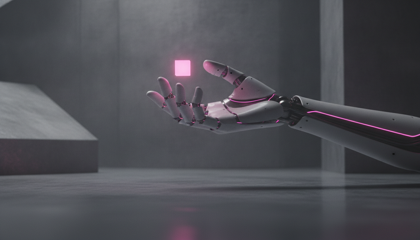 Eine detaillierte Roboterhand mit magentafarben leuchtenden Sehnenlinien balanciert einen kleinen Würfel auf den Fingerspitzen — 1X NEOs neue Hände