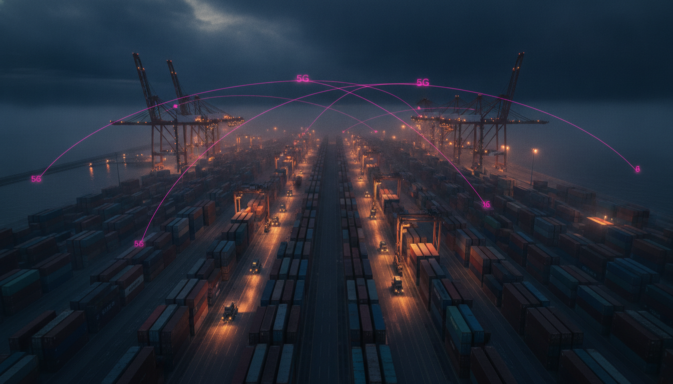 Automatisiertes Containerterminal bei Nacht mit magentafarbenen Funkwellen — privates 5G-Campus-Netz im Hamburger Hafen