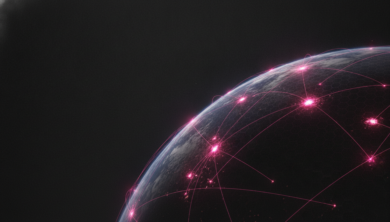 Ein dunkler Planetenhorizont bei Nacht, über den magentafarbene Datenströme in hoher Geschwindigkeit zwischen leuchtenden Netzwerkknoten rasen — Sinnbild für den 6G-Datendurchsatz