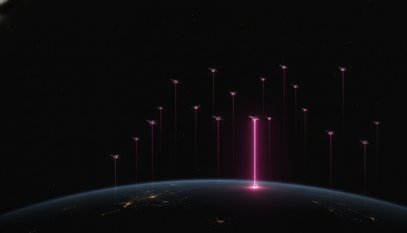 Eine Konstellation kleiner Satelliten im Erdorbit bei Nacht, die magentafarbene Signalstrahlen hinunter zur Erdoberfläche senden — Sinnbild für Amazons Direct-to-Device-Netz