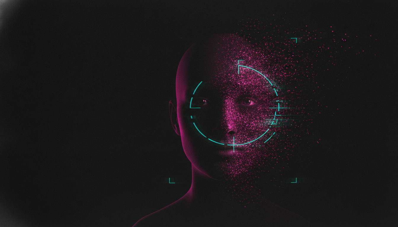 Ein menschliches Profil zerfällt in tausende magentafarbene Punkte und entkommt einem Scanner-Raster — Sinnbild für die Gegenwehr gegen KI-Erkennung