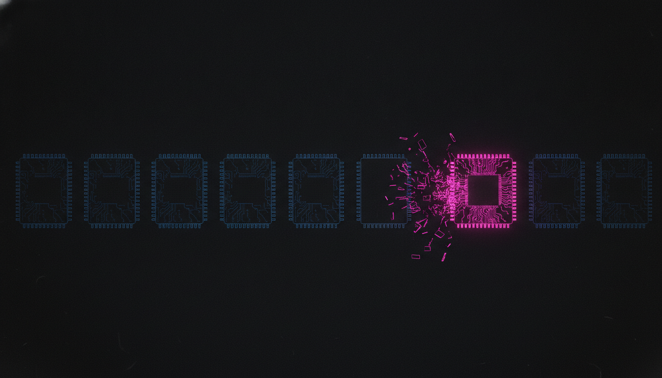 Ein leuchtender magentafarbener Chip-Umriss zerbricht in der Mitte einer Reihe gleichfoermiger dunkler Chip-Silhouetten, Sinnbild fuer eine uebersprungene Chip-Generation zugunsten von KI-Rechenleistung