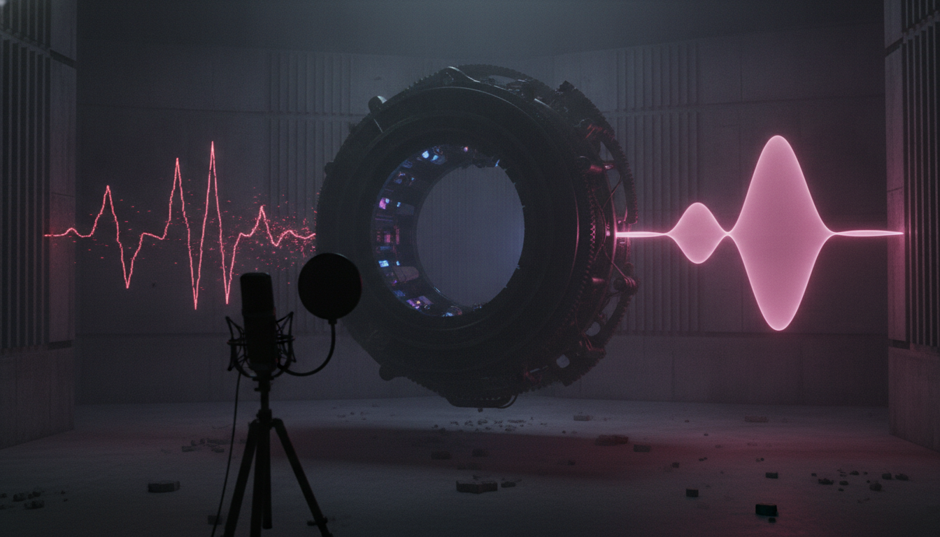 Eine kaputte, verrauschte Audiowelle läuft durch eine Maschine und kommt als klare, leuchtende Welle heraus — Auphonic Studio Voice rekonstruiert Stimmen in Studioqualität