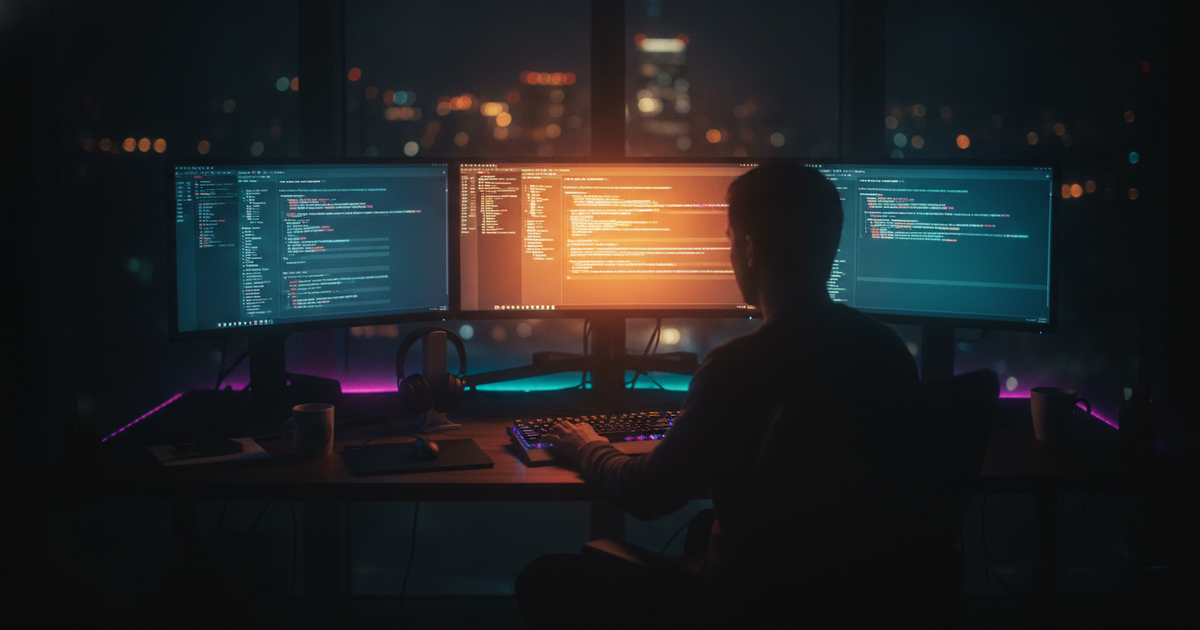 Entwickler-Arbeitsplatz nachts — ein zentraler Monitor leuchtet heller als die anderen