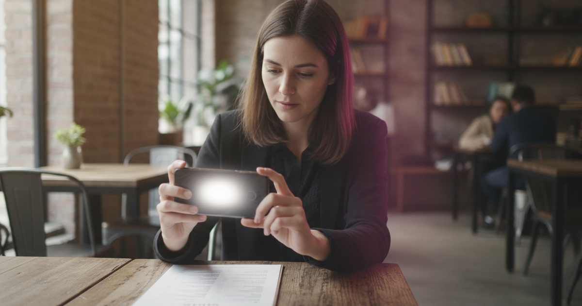 Person nutzt die Kamera ihres Smartphones, um ein Dokument zu scannen — Claude unterwegs