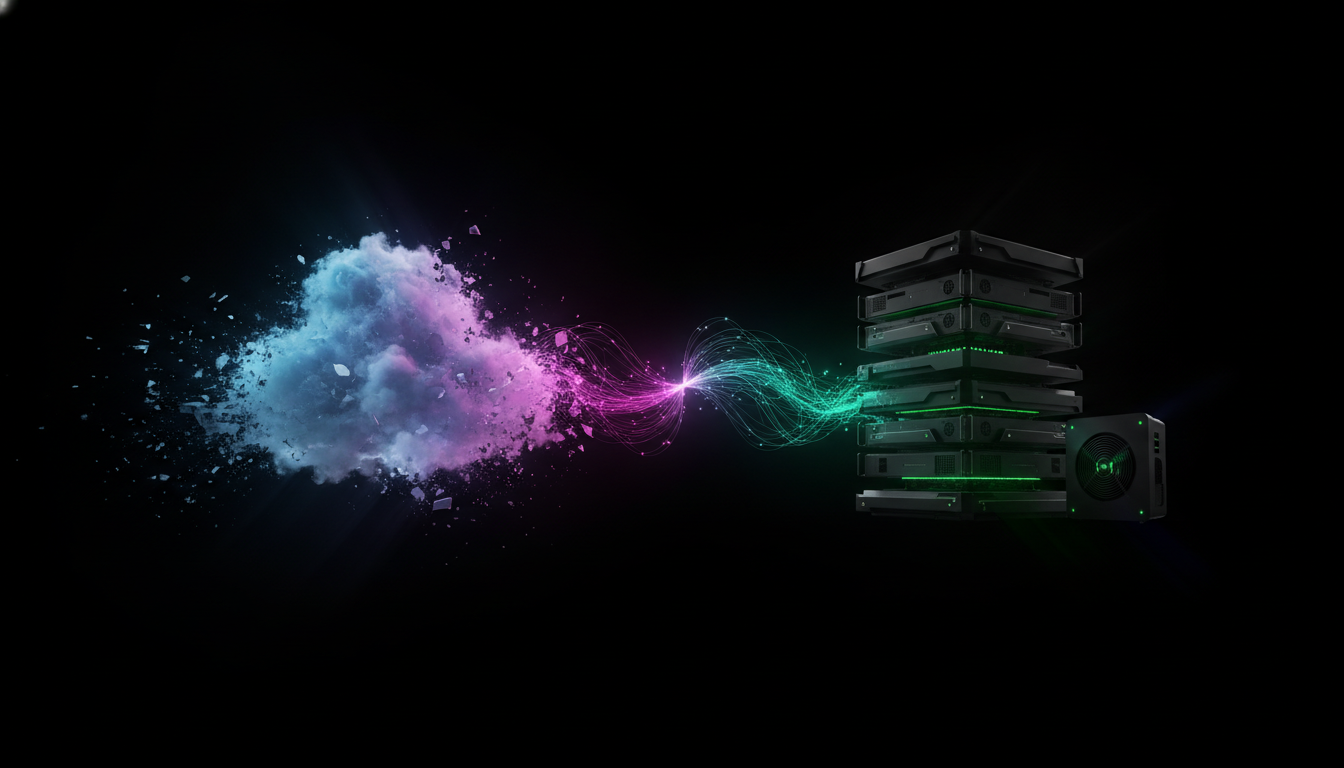 Zerfallende Cloud links, solider lokaler Server rechts — KI-Unabhängigkeit