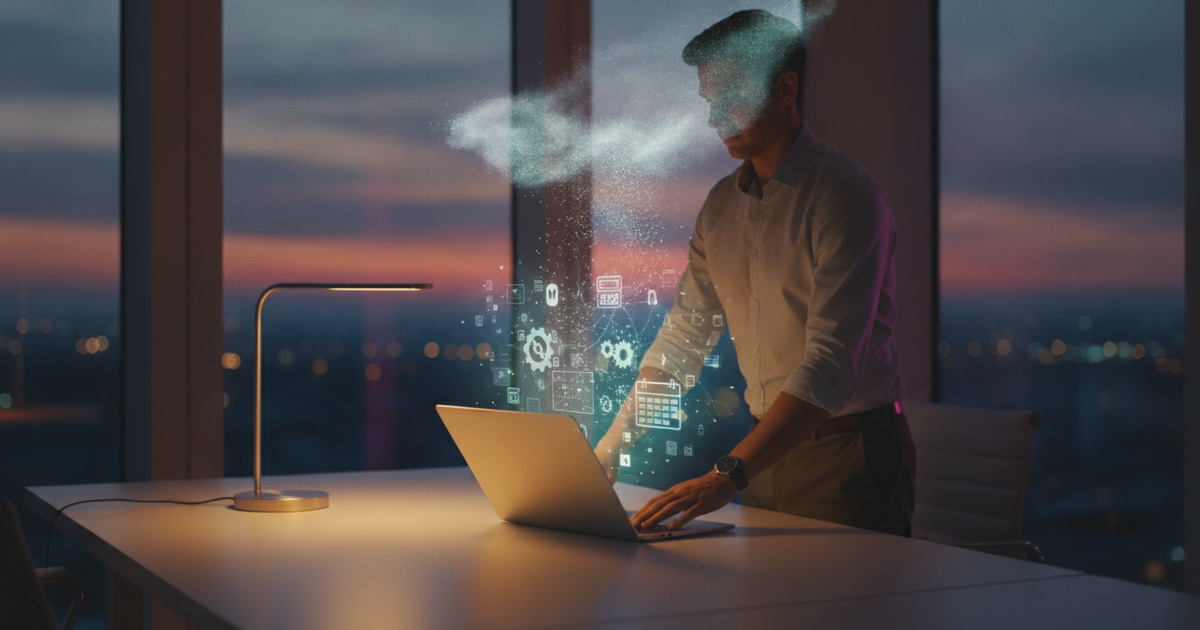 Laptop wird zugeklappt, während ein KI-Agent in der Cloud autonom weiterarbeitet