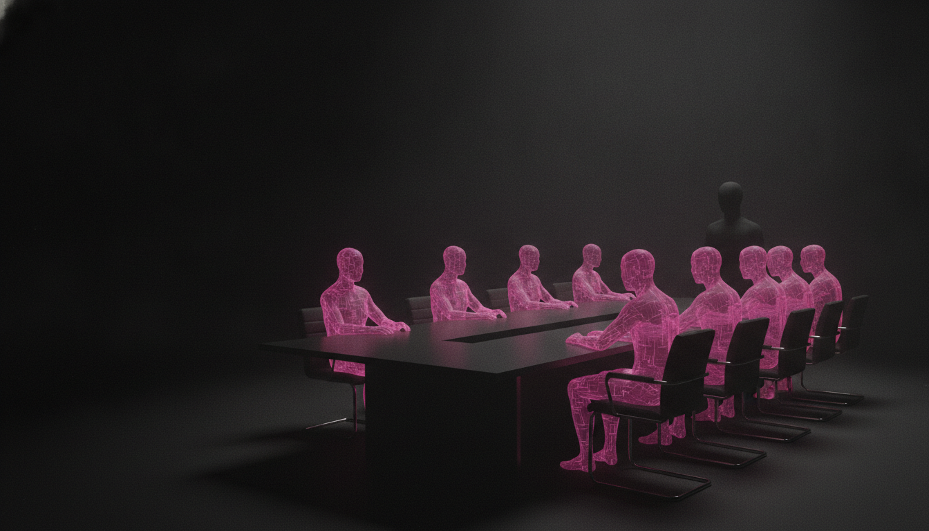 Ein dunkler Konferenztisch, umgeben von durchscheinenden, magentafarben leuchtenden humanoiden Hologrammfiguren als Kollegen — Sinnbild für eine Organisation aus KI-Agenten