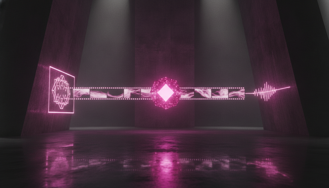 Ein leuchtender magentafarbener Kern strahlt drei Lichtströme aus — ein Standbild, eine Bewegtbild-Sequenz und eine Audiowelle: Sinnbild für FLUX 3, ein Modell für Bild, Video und Audio