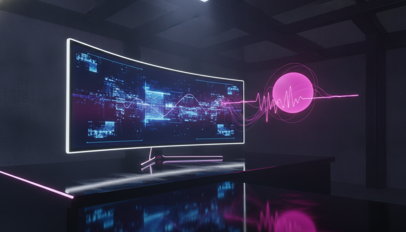 Eine leuchtende magentafarbene KI-Präsenz mit Sprachwelle schwebt neben einem Monitor und blickt auf den Bildschirm — Sinnbild für GPT-Live, das mitschaut und mitredet