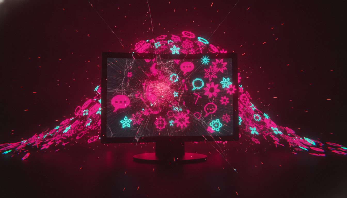 Eine dramatische Welle aus leuchtenden magentafarbenen Retro-Pixel-Icons bricht aus einem zersplitternden Bildschirm hervor, wie eine digitale Invasion — Sinnbild fuer die ploetzliche Nostalgie-Welle im Netz