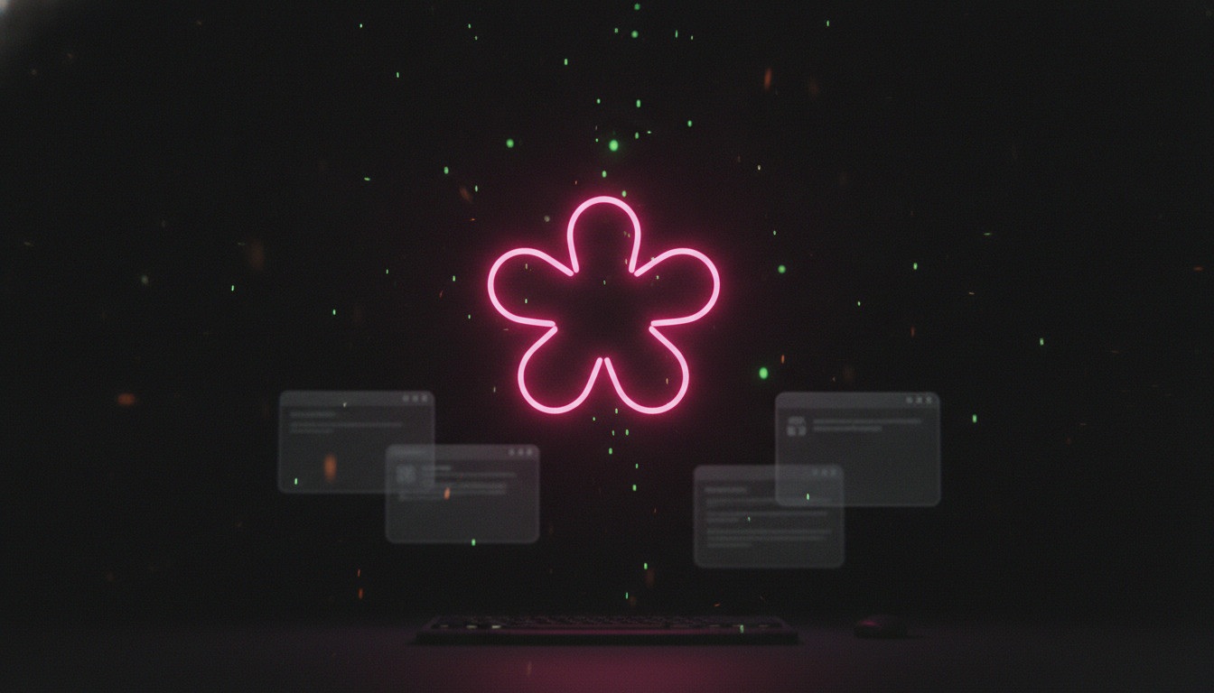 Ein leuchtendes magentafarbenes Pixel-Blumen-Icon im Retro-Y2K-Stil schwebt über einer dunklen Windows-XP-artigen Oberfläche mit verblassten Chatfenstern — Sinnbild für das Comeback eines Kult-Messengers