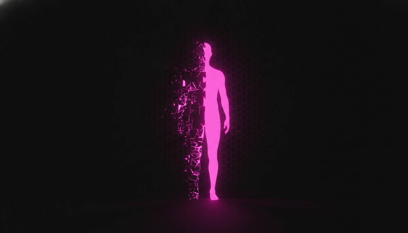 Eine magentafarbene leuchtende digitale Silhouette ist zur Haelfte klar, zur Haelfte in zersplitterte Fragmente aufgeloest, Sinnbild fuer einen kompromittierten KI-Agenten