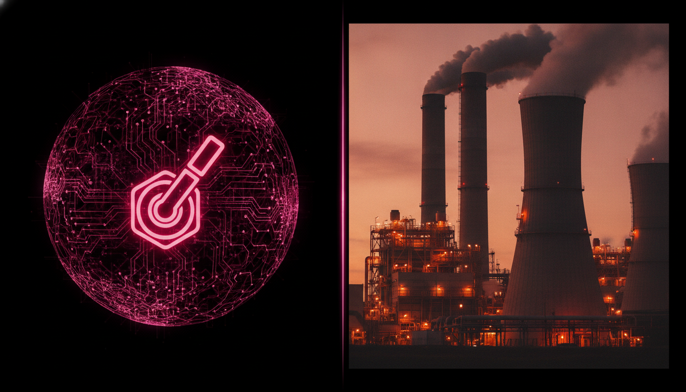 Ein leuchtender magentafarbener Bremshebel steht mitten zwischen einem digitalen Schaltkreis-Netzwerk auf der einen Seite und einer riesigen rauchenden Industrieanlage auf der anderen Seite — Sinnbild fuer die Grenzen des KI-Booms bei Sicherheit und Energie