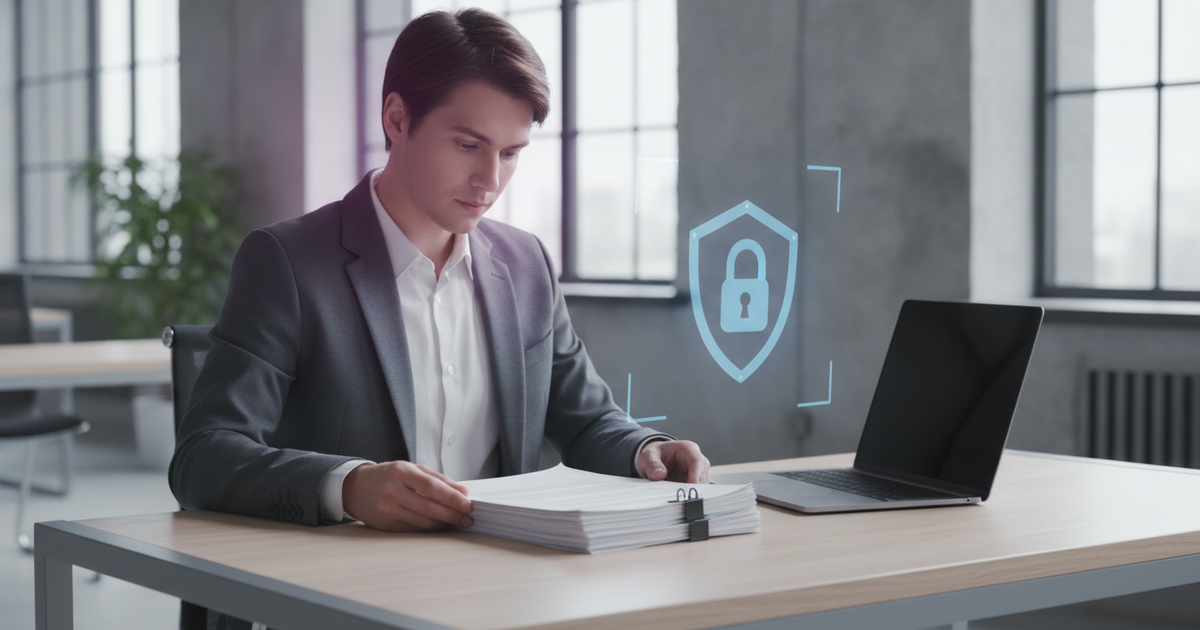 Schreibtisch mit Compliance-Unterlagen und digitalem Schutzschild — KI, DSGVO und AI Act