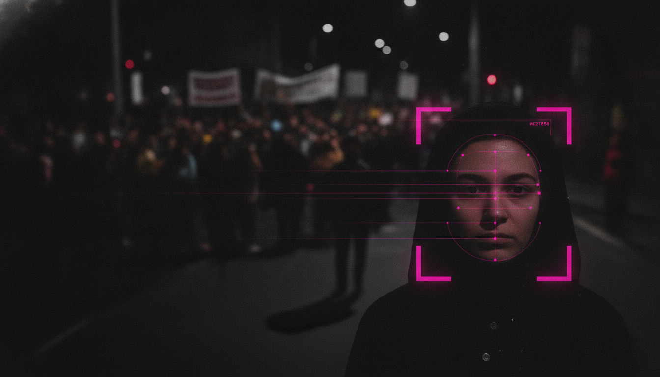 Eine anonyme Demonstrantin bei einer nächtlichen Kundgebung, deren Gesicht von einem magentafarbenen KI-Erkennungsrahmen mit biometrischen Messpunkten erfasst wird