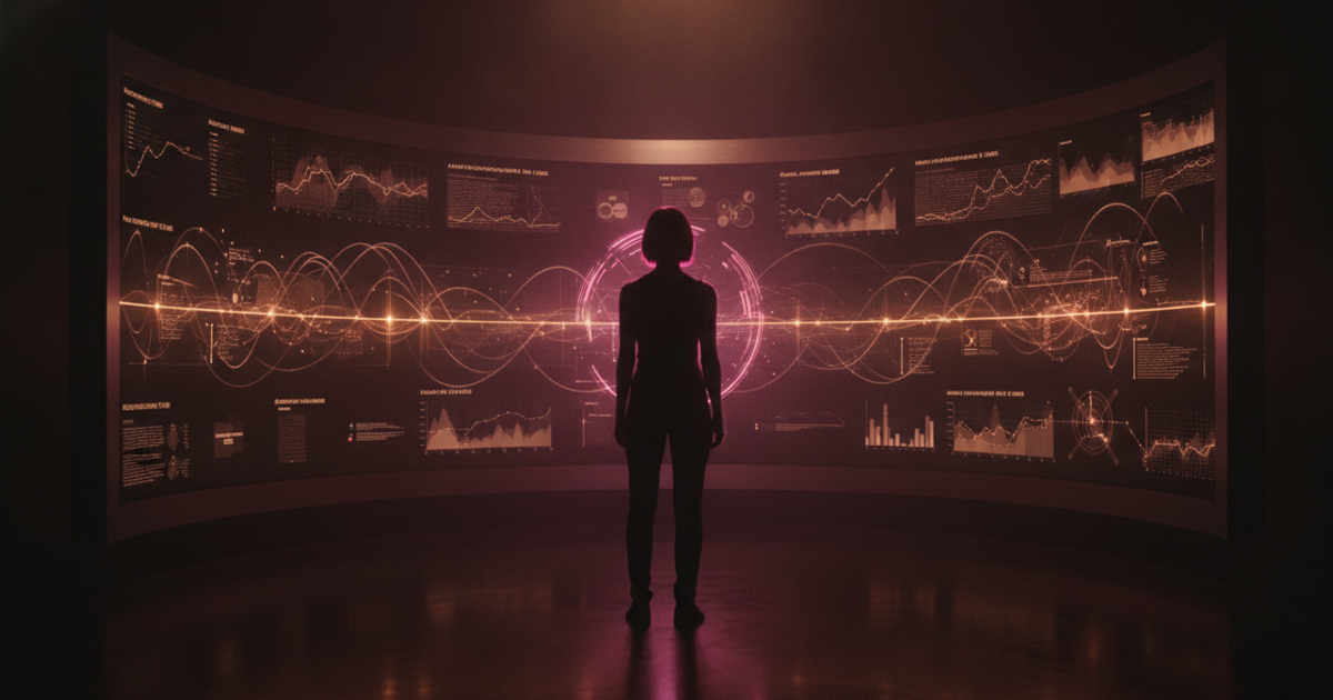 Marketing-Kommandozentrale bei Nacht — eine Person vor einer Wand aus leuchtenden Kampagnen-Dashboards und KI-Agenten-Datenströmen