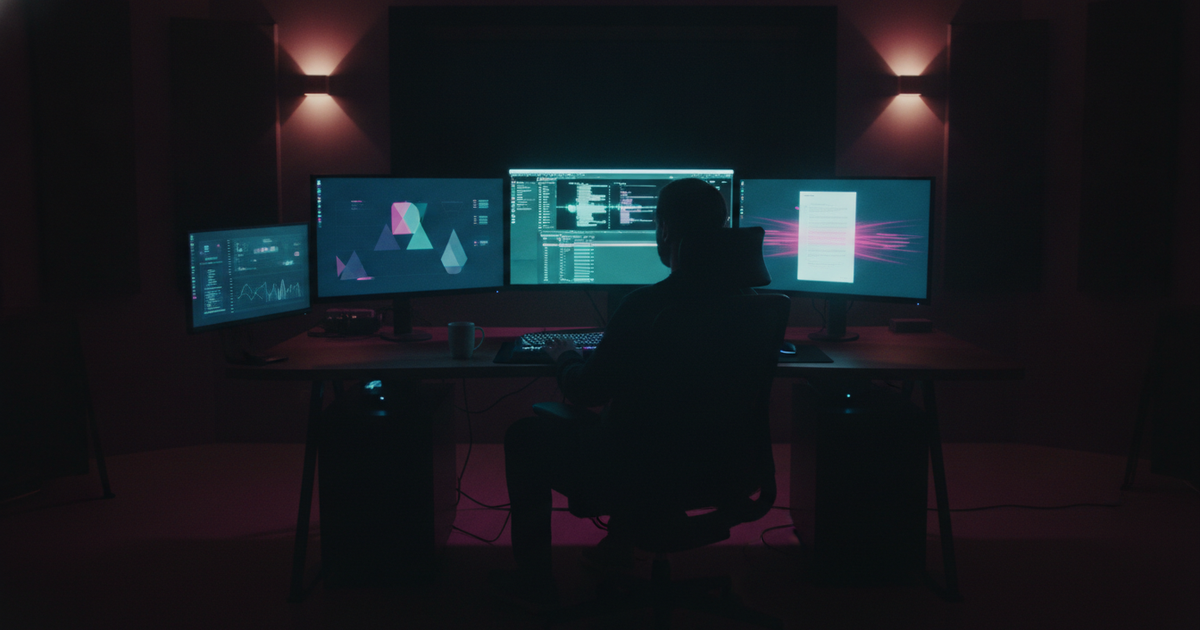 Content-Creator-Schreibtisch nachts mit mehreren Monitoren — KI-Wochenupdate