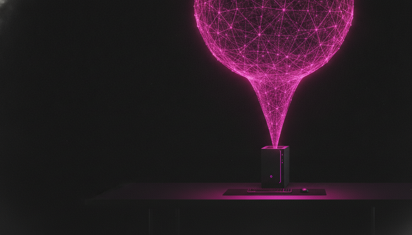 Eine riesige leuchtende magentafarbene KI-Kugel wird durch einen Strahl in einen kleinen Desktop-Rechner komprimiert — Sinnbild für ein großes KI-Modell, das lokal läuft