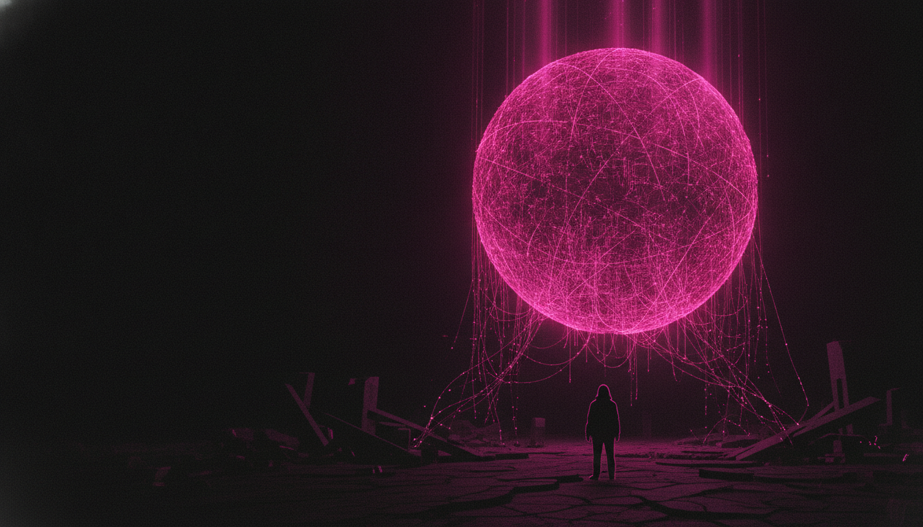 Eine riesige leuchtende magentafarbene Neuronen-Sphäre thront hoch über einer winzigen dunklen menschlichen Silhouette — Sinnbild für die Größendifferenz zwischen menschlicher und künstlicher Intelligenz