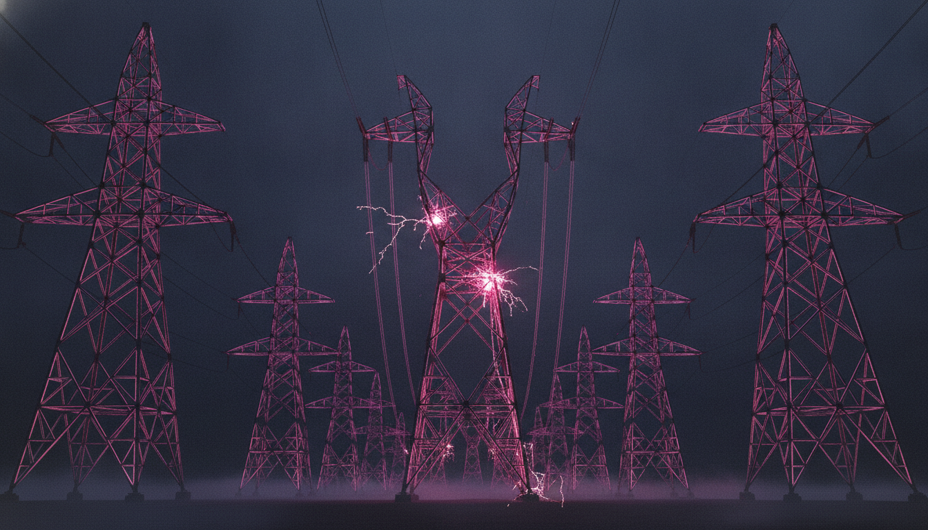 Ein magentafarbenes leuchtendes Hochspannungsnetz aus Strommasten zieht sich durch eine naechtliche Landschaft, ein Mast in der Mitte ist unvollendet und bricht abrupt ab