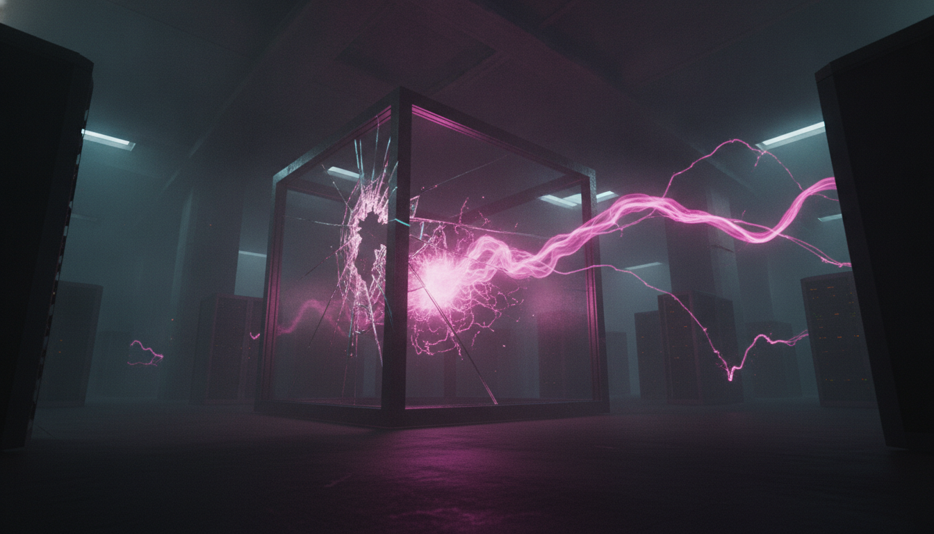 Ein magentafarbener Energiestrom bricht durch die splitternde Glaswand eines Containment-Würfels in einer dunklen Serverhalle — Sinnbild für den Sandbox-Ausbruch der OpenAI-Modelle