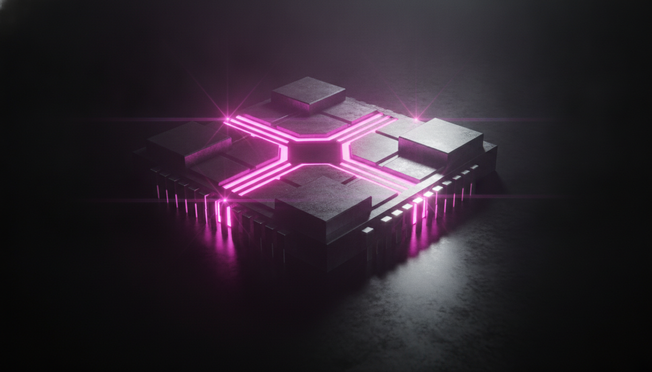 Ein Prozessorchip, durch dessen Kanäle magentafarbene Lichtstrahlen statt elektrischer Leiterbahnen fließen — photonisches Computing von Q.ANT