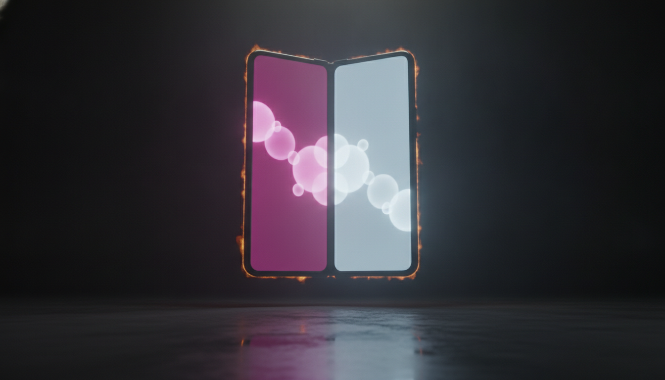 Ein aufgeklapptes Falt-Smartphone mit geteiltem Bildschirm, links magenta, rechts kühles Weiß — Sinnbild für zwei KI-Apps nebeneinander auf dem großen Falt-Display