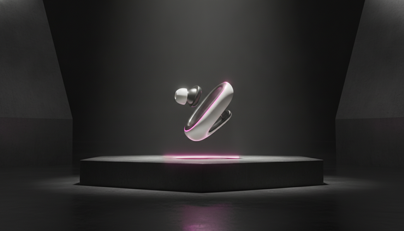 Ein eleganter Open-Ear-Clip-Kopfhörer in Perlweiß mit magentafarbenem Lichtsaum schwebt über einem dunklen Podest — Shokz OpenDots 2 im Review