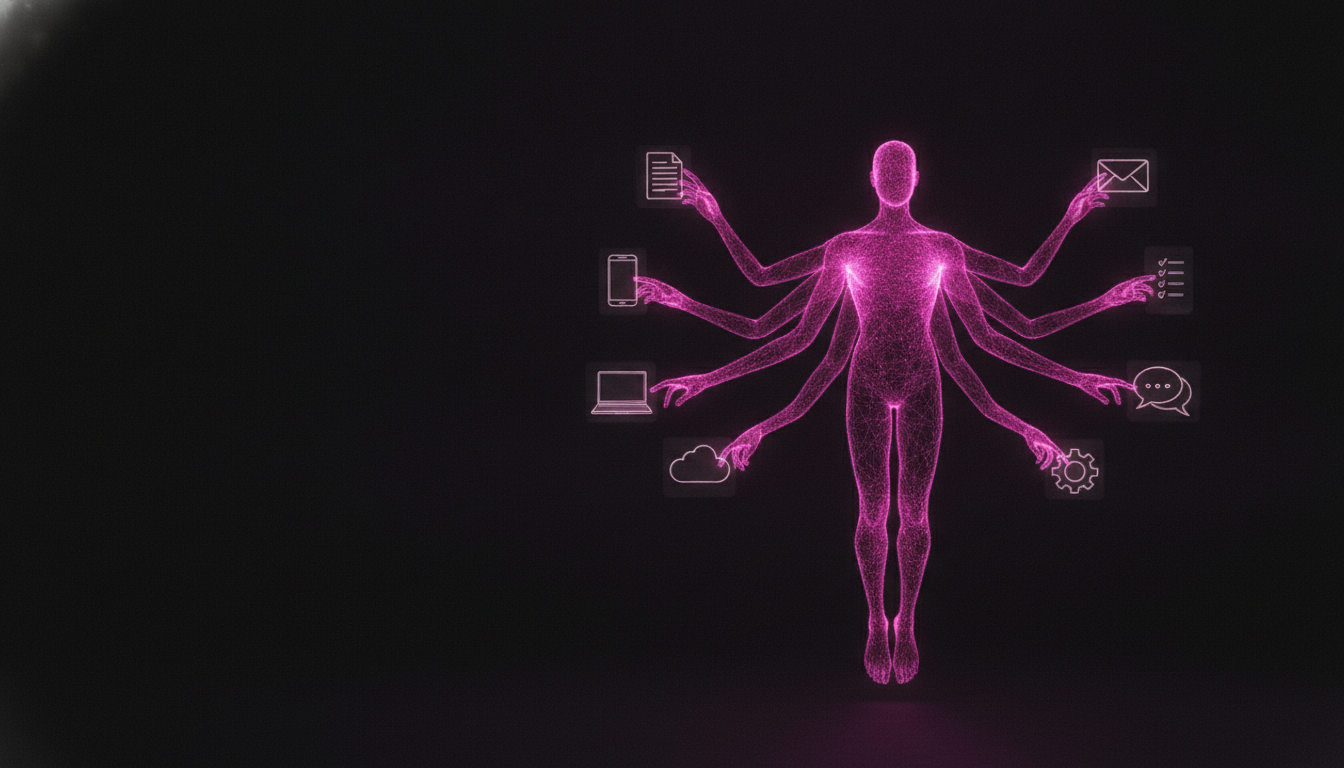Ein leuchtendes magentafarbenes Wesen mit acht duennen Lichtarmen, die gleichzeitig an Laptop, Smartphone, Dokumenten und Cloud-Symbolen arbeiten, Sinnbild fuer den autonomen KI-Agenten Grok Bot