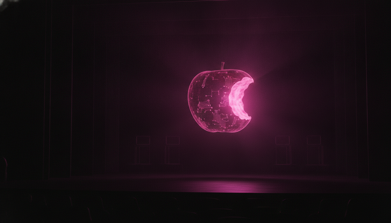 Ein monumentaler angebissener Apfel schwebt auf einer dunklen Bühne und strahlt magentafarbenes Licht wie verbotene Erkenntnis ab — symbolisches Motiv