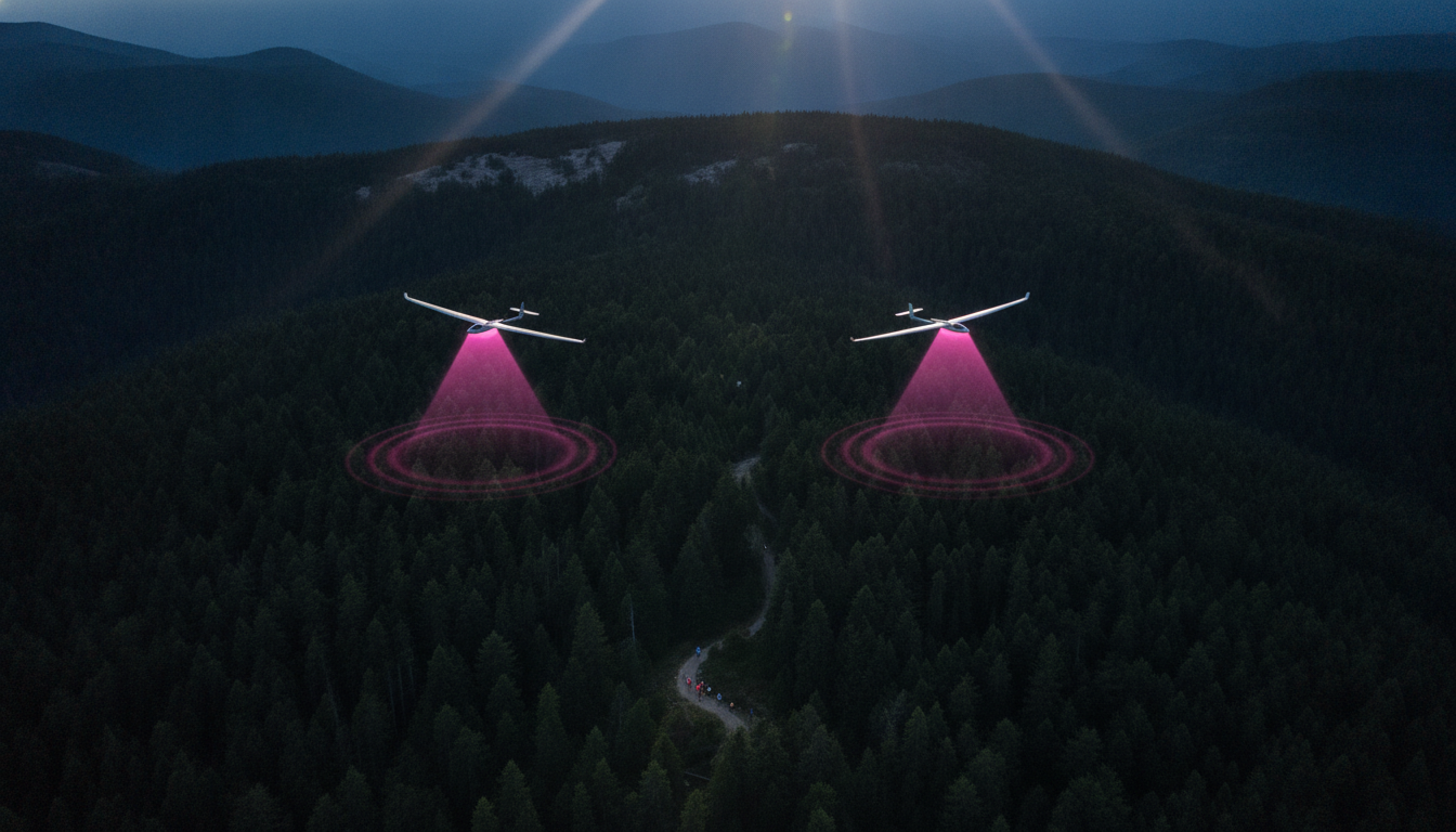Zwei schlanke unbemannte Flugzeuge kreisen hoch über einer bewaldeten Berglandschaft, verbunden mit magentafarbenen leuchtenden Funkwellen-Kegeln, die den Boden abdecken — Sinnbild für fliegende Mobilfunk-Basisstationen