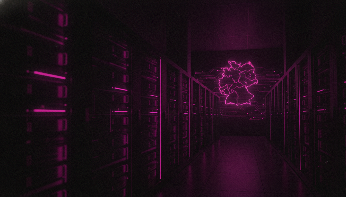 Eine gewaltige leuchtende magentafarbene Serverhalle mit endlosen GPU-Rack-Reihen unter einem stilisierten Deutschland-Umriss aus Lichtlinien — Sinnbild fuer souveraene KI-Infrastruktur made in Germany