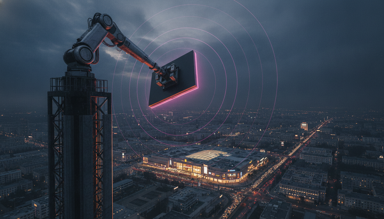 Ein Roboterarm richtet die Antenne eines Mobilfunkmasts über einer abendlichen Stadt aus — Vodafones KI-gesteuerter Testmast