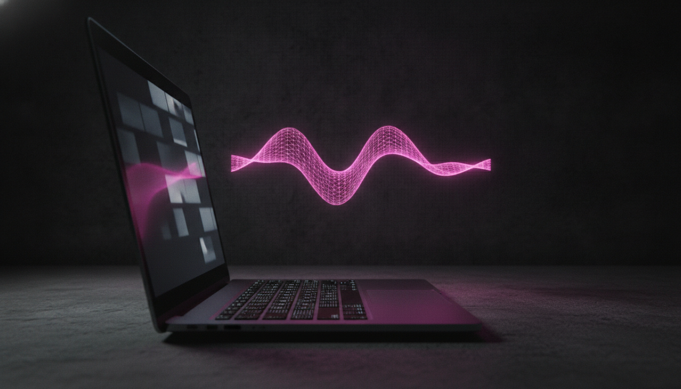 Ein transparentes leuchtendes magentafarbenes Schallwellen-Symbol schwebt unsichtbar neben einem Laptop-Bildschirm in einer Videokonferenz